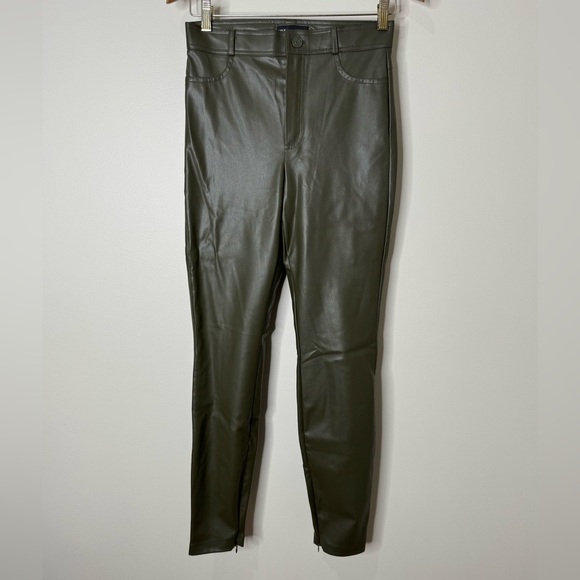 Zara Olive Green Faux Leather High Rise Split Zip Hem Skinny Trouser Pants Small - Picture 1 of 9